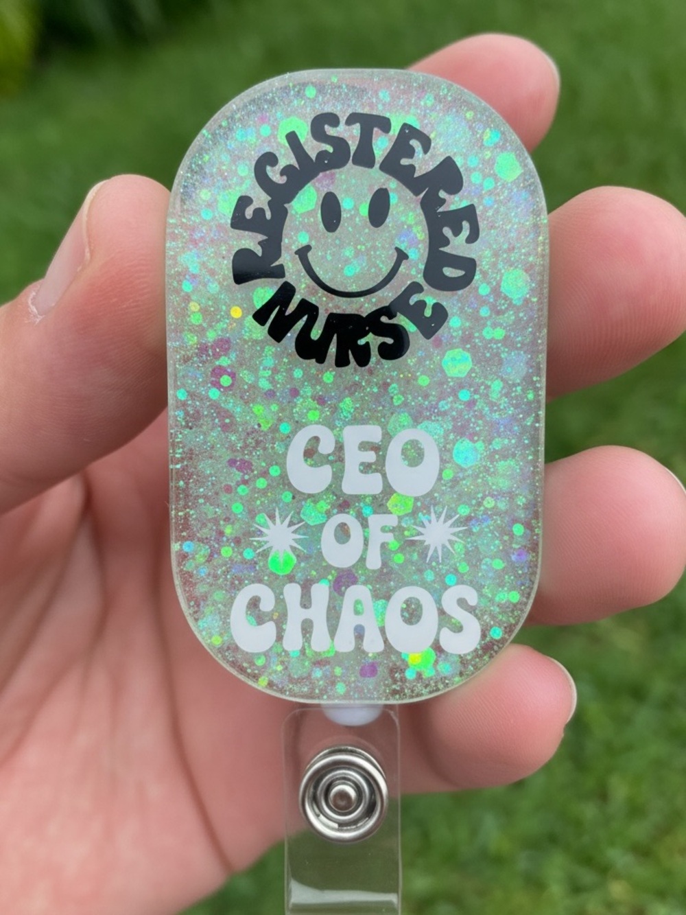 Glitter Mint 'CEO of Chaos' Registered Nurse Badge Reel